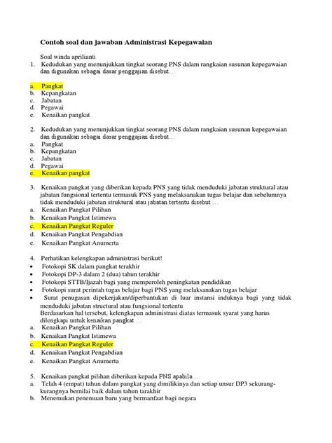 Tes kompetensi bidang akan dilaksanakan dalam bentuk tertulis bagi calon sdm untuk memberikan gambaran bentuk soal tes kompetensi bidang program pkh, berikut ini admin bagikan contoh soal. Soal Administrasi Kepegawaian Dan Jawaban - Kumpulan ...