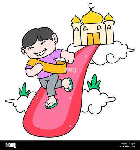 A Vector Design Of A Muslim Child Comes To The Mosque Cheerfully To