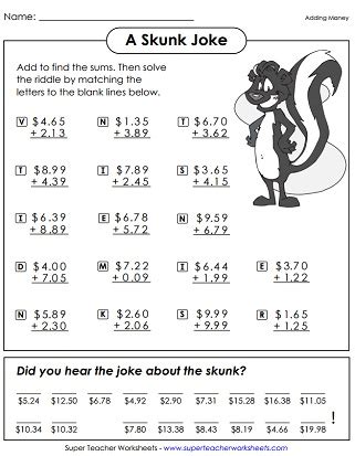 You can create printable tests and worksheets from these grade 1 money (usa) questions! Adding Money Worksheets