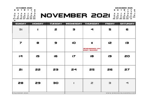 November 2021 Calendar Canada Printable 12 Templates