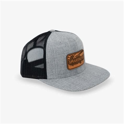 Gray And Black Flat Brim Trucker Hat With Brown Leather Smartacre