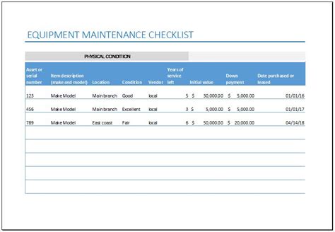 Equipment Maintenance Checklist Template For Excel Excel Templates