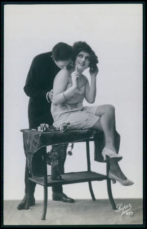 Set Of Photo Postcards Nude Risque Couple Biederer Table Woman French