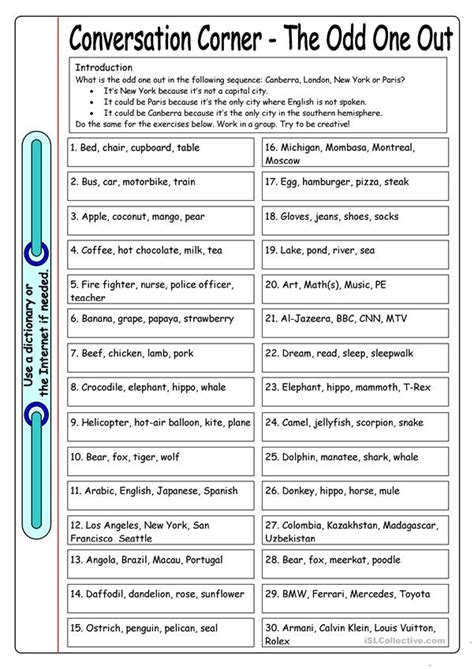conversation corner the odd one out worksheet free esl printable