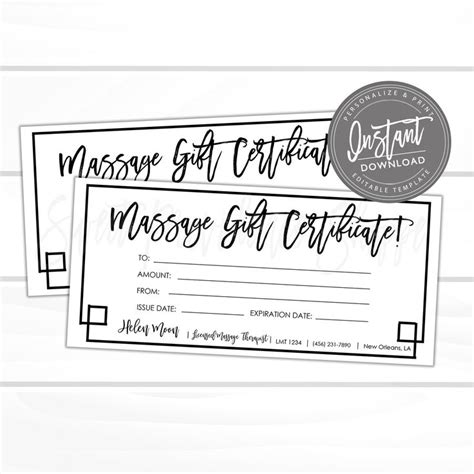 Editable Gift Certificate Massage Printable Gift Card Spa Massage