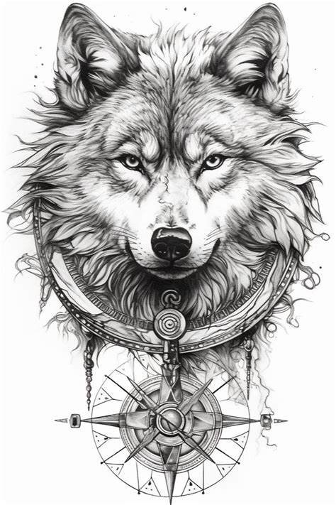 A Drawing Of A Wolfs Head And Compass