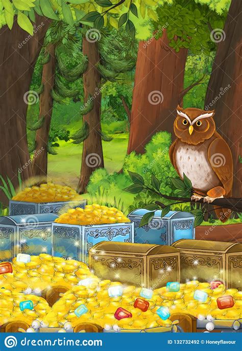 Cartoon Summer Scene With Deep Forest And Treasure With Sitting Owl