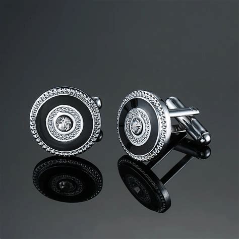 Classic Silver Plated Black Enamel Mens Round Crystal Cufflink Luxury