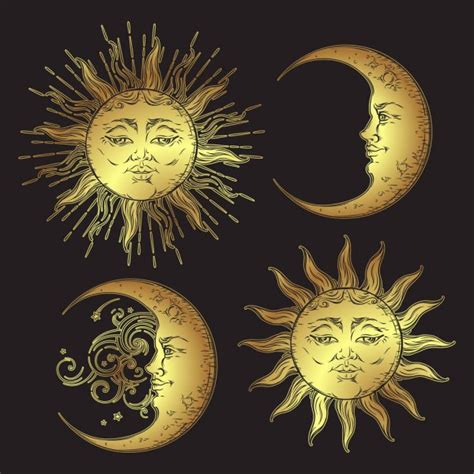 Antique Style Hand Drawn Art Sun And Crescent Moon Set Boho Chic