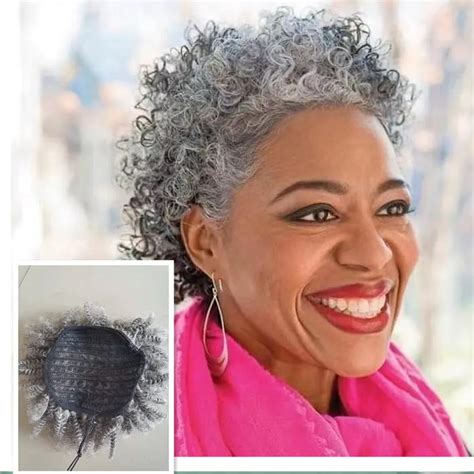 Short Ombre Grey Afro Puff Drawstring Ponytail Salt And Pepper Two Tone