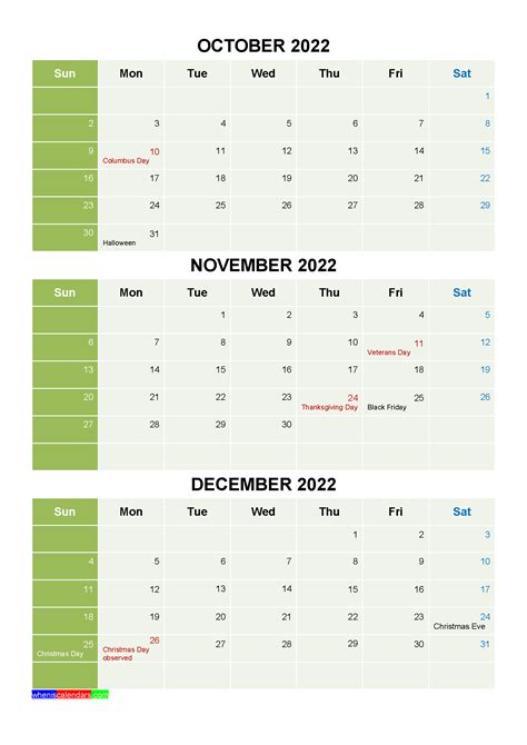 Free Calendar October November December 2022 With Holidays Four