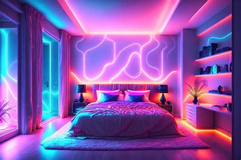 Modern Bedroom Interior With Neon Lights By Ai Generated Stock