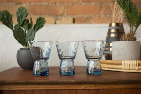3 vintage blue ice glasses scandinavian finnish style icicle textured finland cocktail glasses