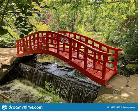 Japanese Red Bridge In North American Garden Stock Photo Image Of