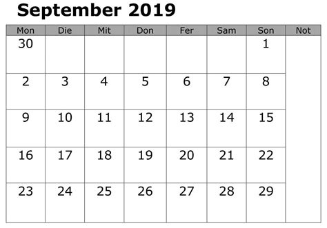 September 2019 Kalendervorlage Pdf Word Printable Calendar Template