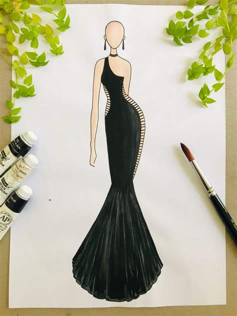 A Drawing Of A Woman In A Black Dress With Green Leaves Around Her And