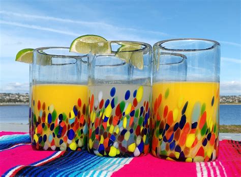 Hand Blown Mexican Drinking Glasses Set Of 6 Confetti Carmen Design Glasses 14 Oz Each Buy