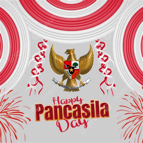 Happy Pancasila Day With 3d Flag And Red Firework Ribbon Background