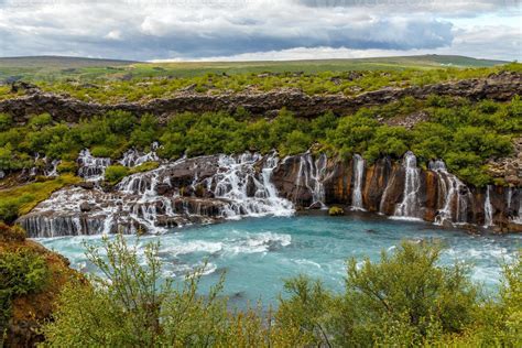 Hraunfossar Waterfall Powerful Streams Falling Into Hvita River