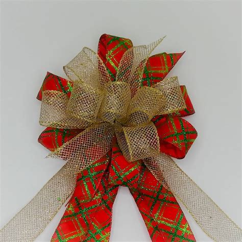 Christmas Bow Wreath Bow Gold Metallic Mesh Red Satin With Etsy