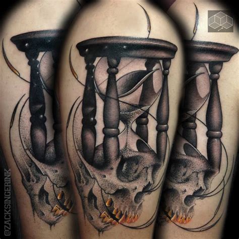 Dainty lines and dots flowers in hourglass tattoo design #45. Engraving style colored shoulder tattoo of sand clock and ...