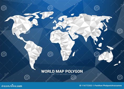 White Monotone World Map Polygon On Blue Background Concept Of Digital