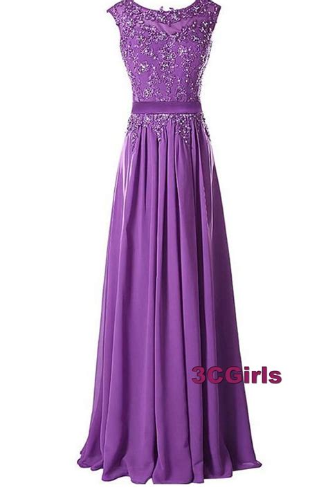 Purple Chiffon Lace Modest Prom Dress Evening Gown Prom Dresses For