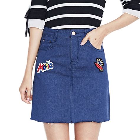 Summer Sexy High Waist Elegant Jeans Skirts Women Fashion Character Embroidery Blue Mini Denim
