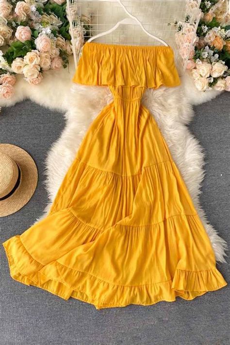 Rm 699 > rm 1 color(s): US$11.98 Yellow Off-the-shoulder Tiered Pleated Maxi Dress ...