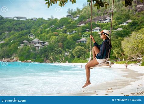 Seychelles Tropical Island Young Woman On The White Beach During