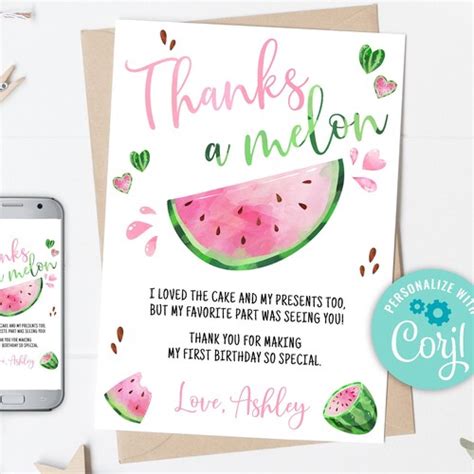 Editable Watermelon Thank You Card Thanks A Melon Thank You Etsy