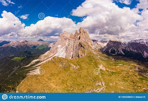 Amazing Aerial Top View On Seceda Mount Peak And Valley From Drone