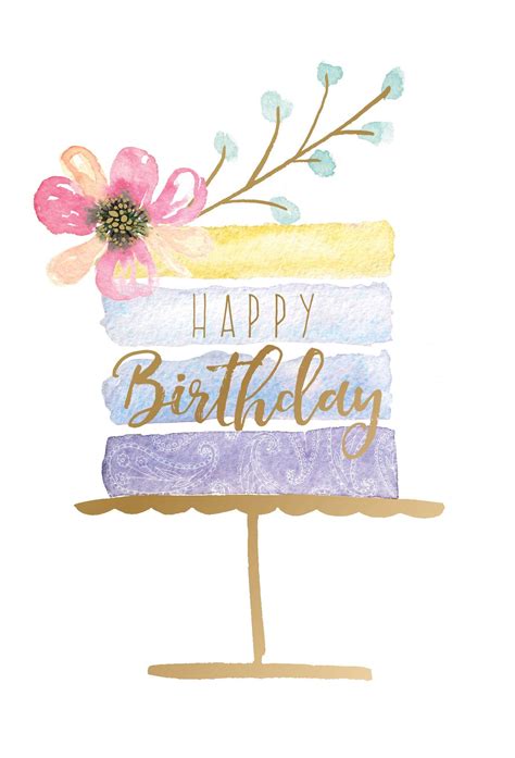 Birthday Card Watercolor Striped Cake Happy Birthday Art Happy