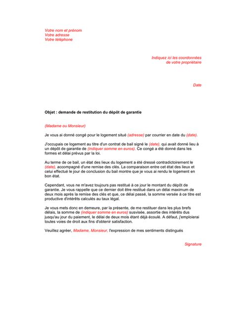 Demande De Restitution Du Dépôt De Garantie Doc Pdf Page 1 Sur 1