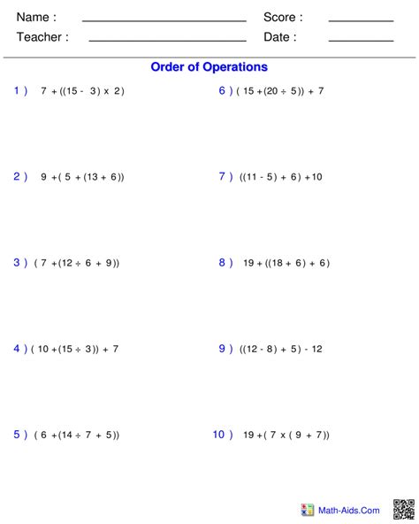 Free Printable Math Worksheets For 6th Grade Order Of Operations Math