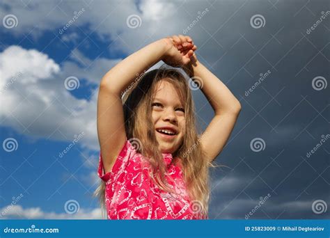 Excited Young Girl Against Cloudy Sky Stock Image Image Of Excited