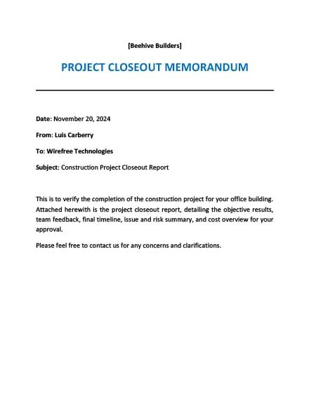 Project Closeout Memo Template Free Pdf Word