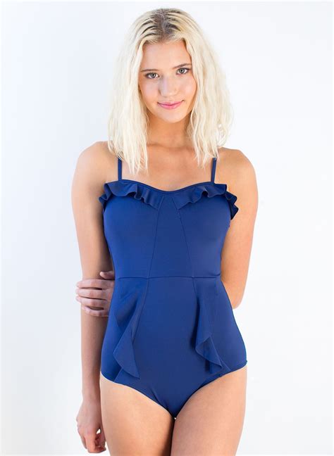 Double Ruffle Navy One Piece Modest Swimsuits Onepiece Swimsuit