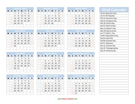 2018 Yearly Calendar