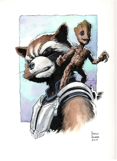 Rocket And Baby Groot In David Mals Paolo Rivera Comic Art Gallery Room