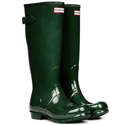 Hunter Original Gloss Tall Back Adjustable Green Wellington Boots Ebay