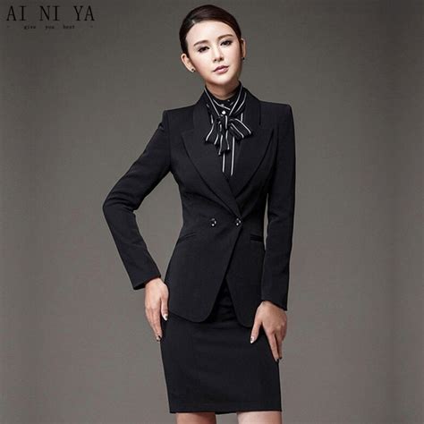 New Women Skirt Suits Black Elegant Autumn Formal Wear To Work Office Business Slim Ol Jacket