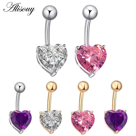 Alisouy Pc Love Heart Cz Crystal Sexy Navel Belly Button Rings Silver