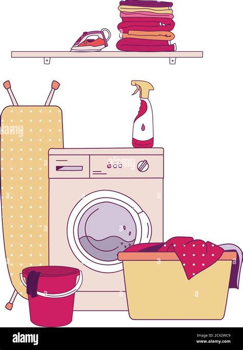 Vector Illustration Of Interior Equipment Of Laundry Room With Washing