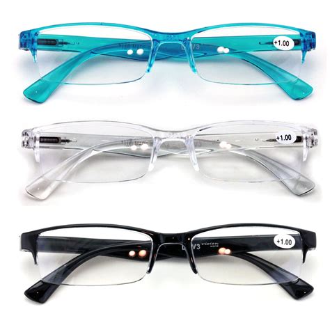3 Pairs Lightweight Rectangular Unisex Readers With Spring Hinge Clear Blue Black Reading