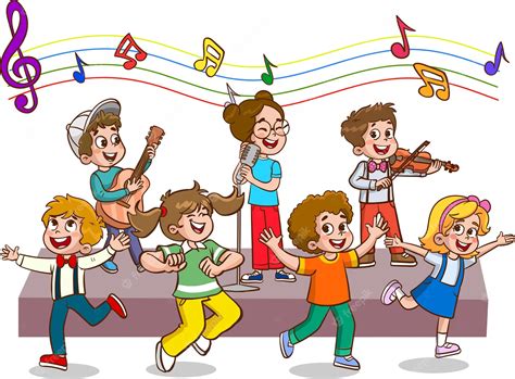 Grupo De Dibujos Animados De Niños Cantando Y Bailando En El Coro De La