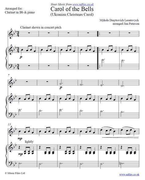 Sheet music for carol of the bells (ukrainian bell carol; Carol of the Bells by Mykola Leontovych: Christmas Song arranged for clarinet (or other ...