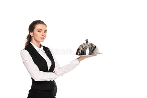 Waitress In Formal Wear Holding Dish On Plate Isolated On White Stock