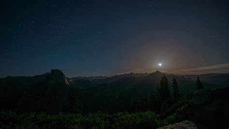 Wallpaper Forest Mountains Night Nature Sky Moon Yosemite
