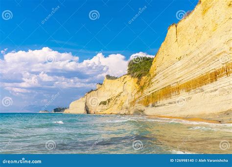 Logas Beach And Amazing Rocky Cliff In Peroulades Corfu Greece Stock